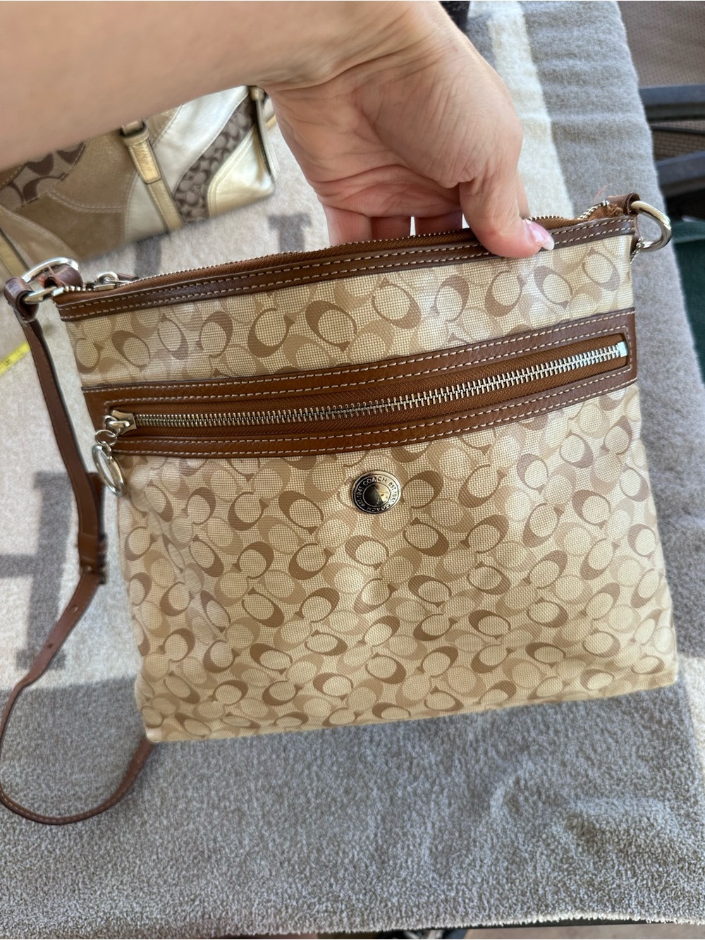 Coach Beige Signature Canvas Crossbody with Chestnut Trim